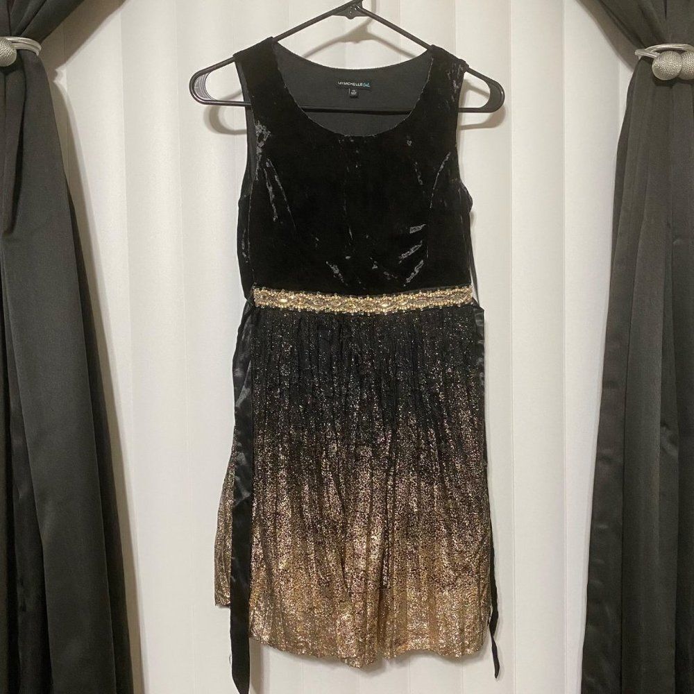 My Michelle girls black velvet top, gold glittered bottom style dress